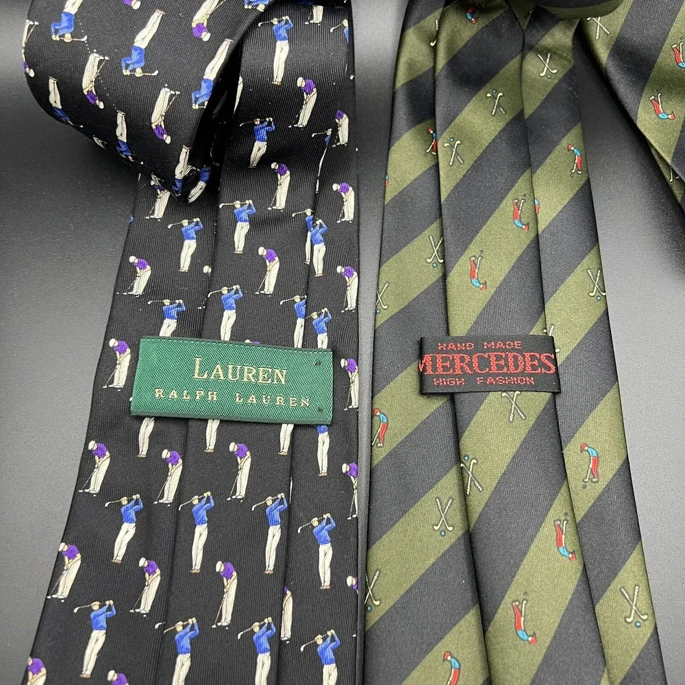 Mercedes & Lauren Ralph Lauren GOLF 100% Silk Neck Tie ~ Black Green ~ 2 Ties